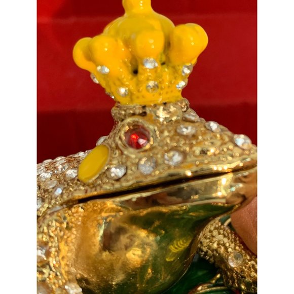 Royal Frog Trinket Box Rhinestone on Gold Metal Hinge Top Lacquer Gift 6560 - Picture 6 of 9